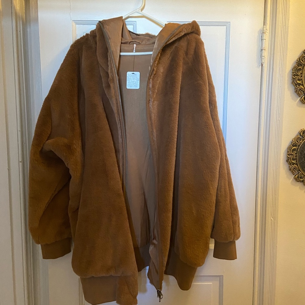 Free People Teddy Jacket in Camel Brown with Hood